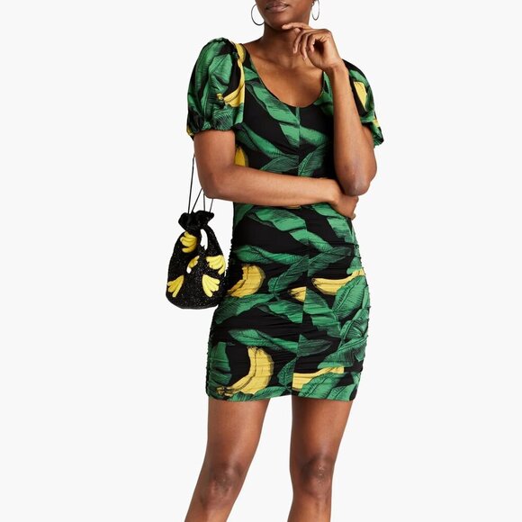 Ganni Banana Print Ruched Mini Dress - Picture 1 of 10
